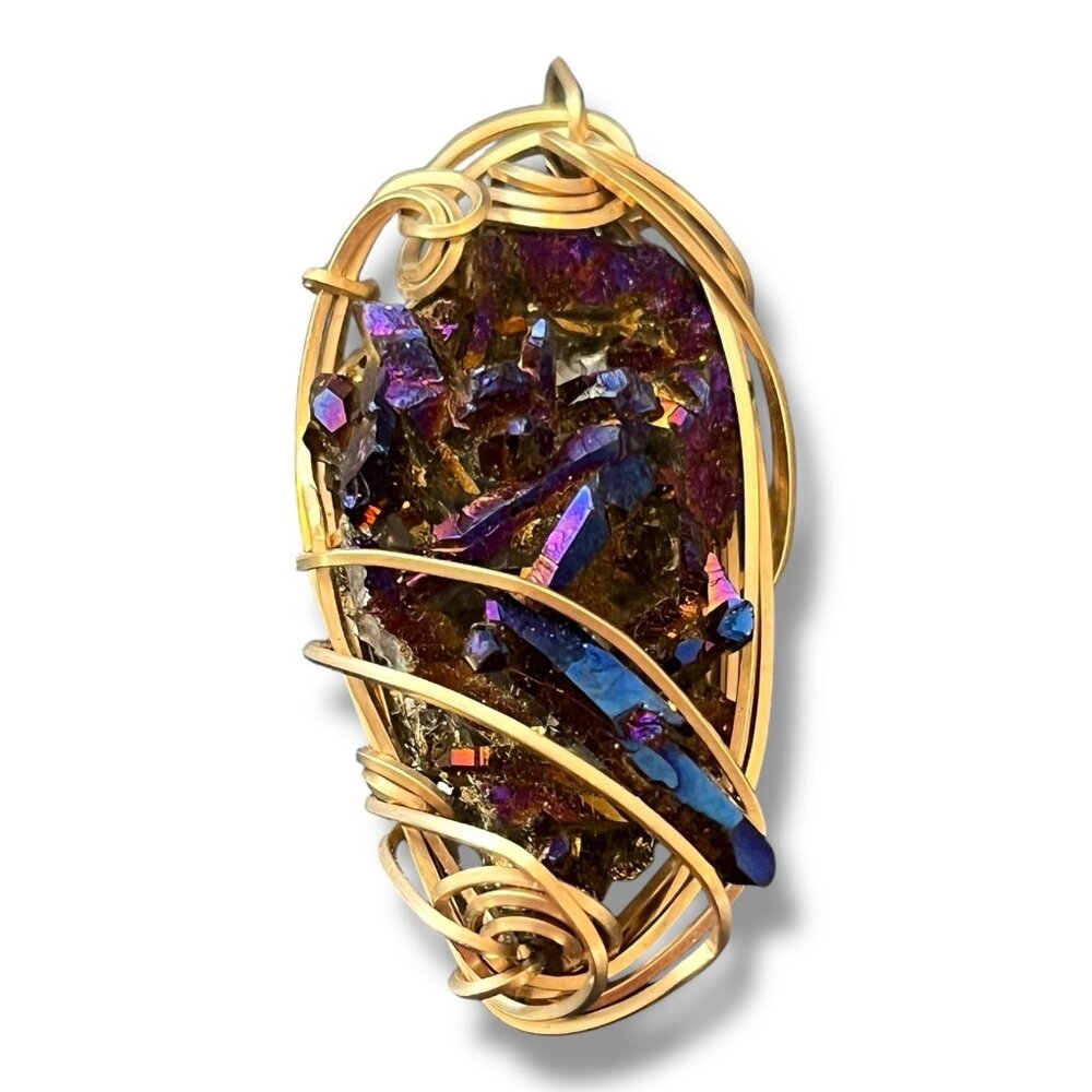 Artist Made Multicolor 2" Natural Quartz Crystal Pendant 10K Gold Filled Wire